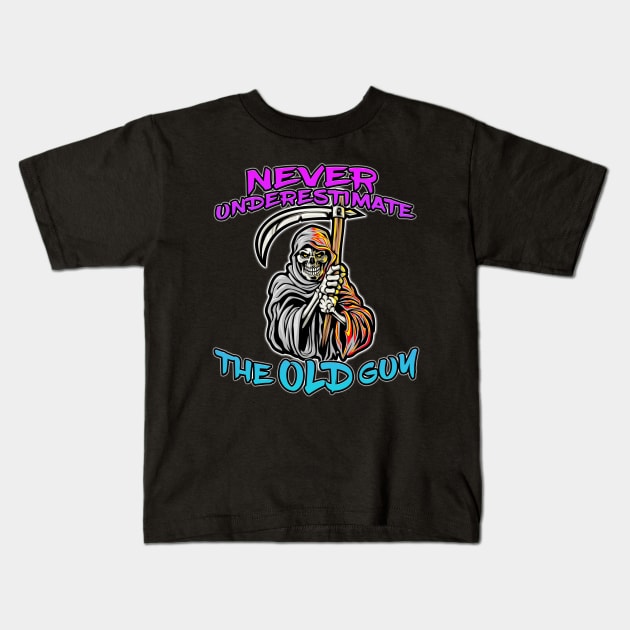 Never Underestimate The Old Guy Reaper Blue Kids T-Shirt by Shawnsonart